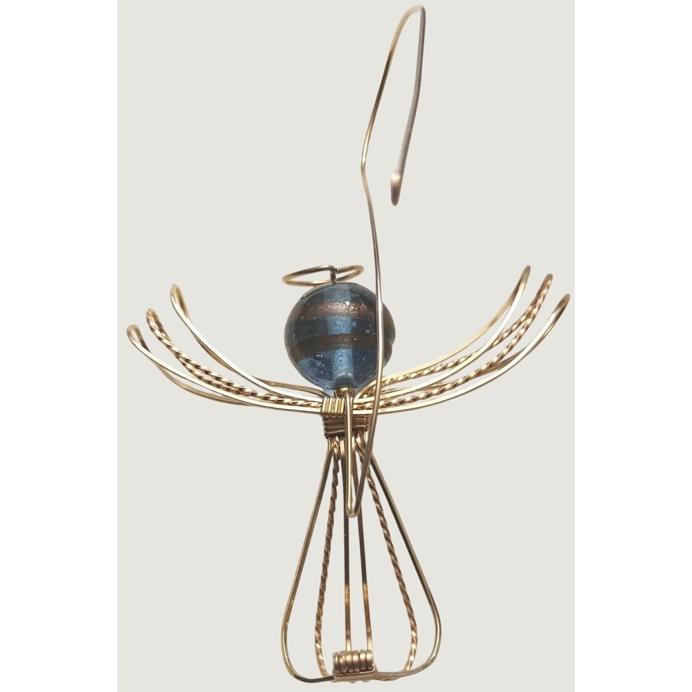 Handcrafted Wire Angel Ornament Blue Gold Glass Bead Head Vintage Christmas Tree
